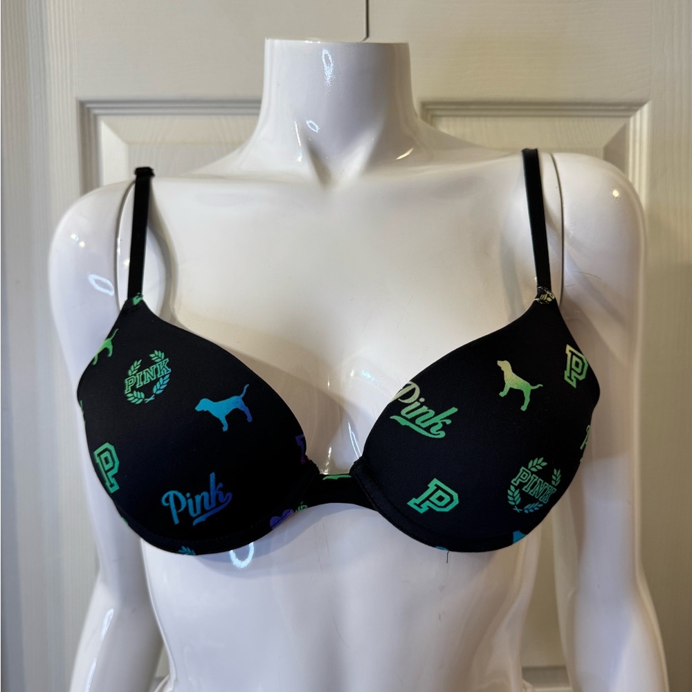 PINK Victoria's Secret Black Bra with Green and Blue Logo